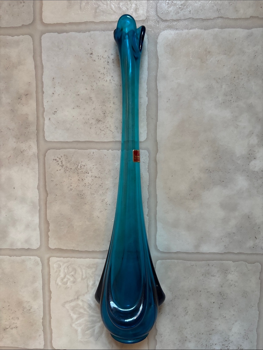 Vintage MCM Viking Blue Epic Drape ~ 15" Swung Vase Blue Glass Bud Vase